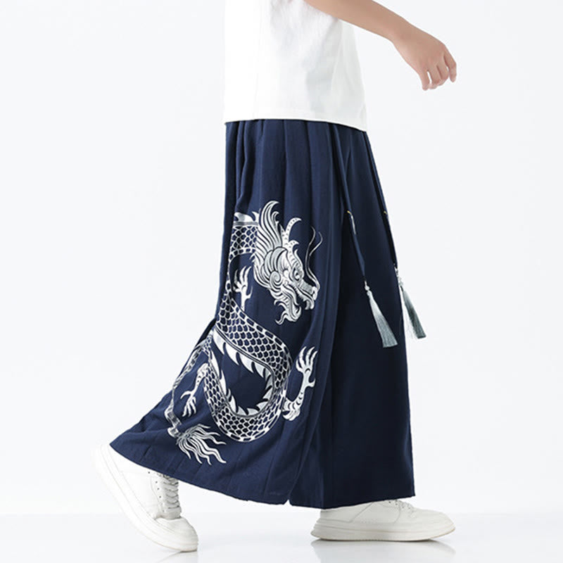 Buddha Stones Pantalones anchos de algodón con diseño de dragón de verano y cordón ajustable hasta el tobillo para hombre con bolsillos - image 2
