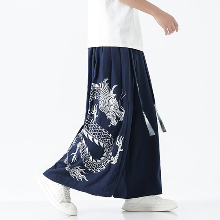 Buddha Stones Pantalones anchos de algodón con diseño de dragón de verano y cordón ajustable hasta el tobillo para hombre con bolsillos - image 2