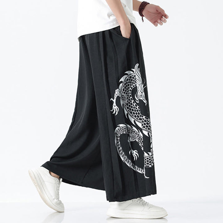 Buddha Stones Pantalones anchos de algodón con diseño de dragón de verano y cordón ajustable hasta el tobillo para hombre con bolsillos - image 11