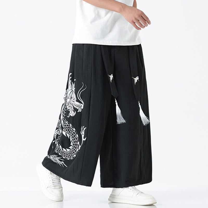 Buddha Stones Pantalones anchos de algodón con diseño de dragón de verano y cordón ajustable hasta el tobillo para hombre con bolsillos - image 9