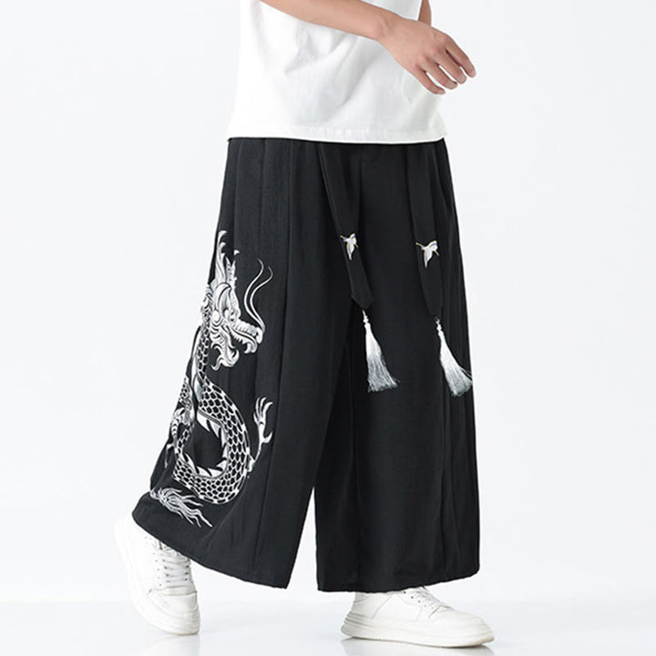 Buddha Stones Pantalones anchos de algodón con diseño de dragón de verano y cordón ajustable hasta el tobillo para hombre con bolsillos - image 9