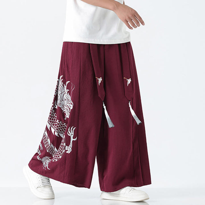 Buddha Stones Pantalones anchos de algodón con diseño de dragón de verano y cordón ajustable hasta el tobillo para hombre con bolsillos - image 16