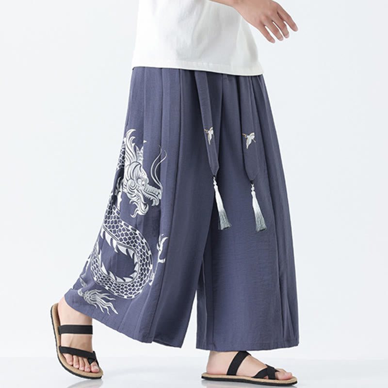Buddha Stones Pantalones anchos de algodón con diseño de dragón de verano y cordón ajustable hasta el tobillo para hombre con bolsillos - image 25