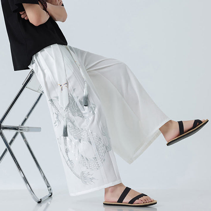 Buddha Stones Pantalones anchos de algodón con diseño de dragón de verano y cordón ajustable hasta el tobillo para hombre con bolsillos - image 43