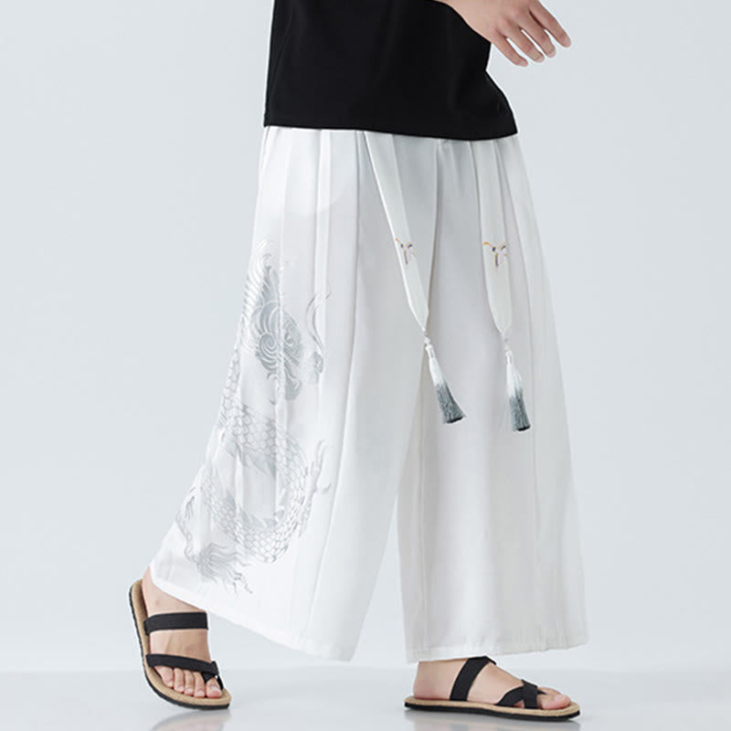 Buddha Stones Pantalones anchos de algodón con diseño de dragón de verano y cordón ajustable hasta el tobillo para hombre con bolsillos - image 37