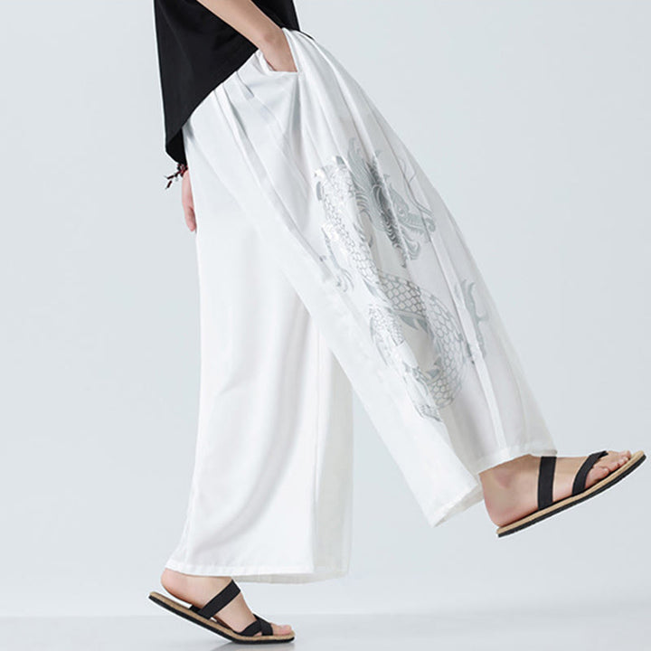 Buddha Stones Pantalones anchos de algodón con diseño de dragón de verano y cordón ajustable hasta el tobillo para hombre con bolsillos - image 42