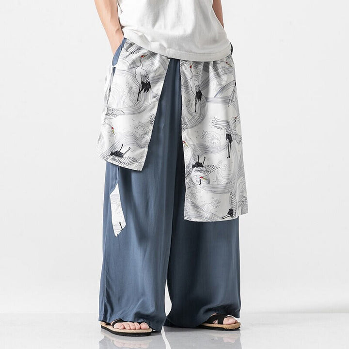 Buddha Stones Pantalones anchos de algodón con diseño de grúa voladora de verano para hombre con bolsillos - Azul acero claro - US/UK/AU46, EU56 (5XL) - image 10