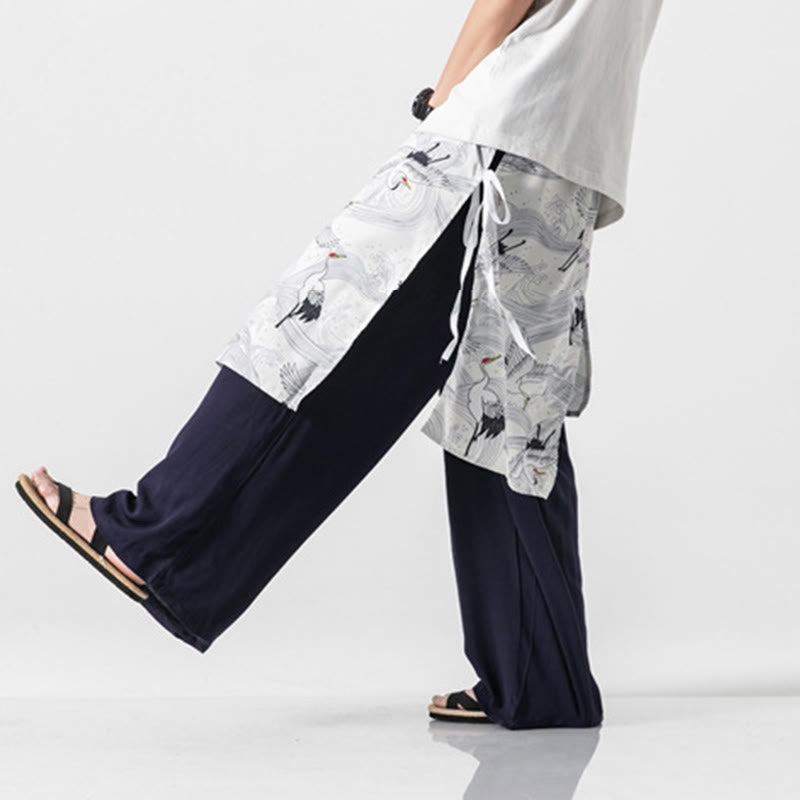 Buddha Stones Pantalones anchos de algodón con diseño de grúa voladora de verano para hombre con bolsillos - image 9