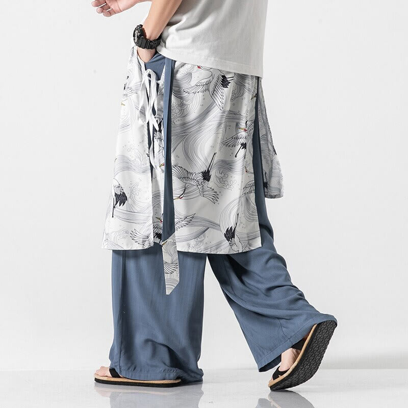 Buddha Stones Pantalones anchos de algodón con diseño de grúa voladora de verano para hombre con bolsillos - image 11