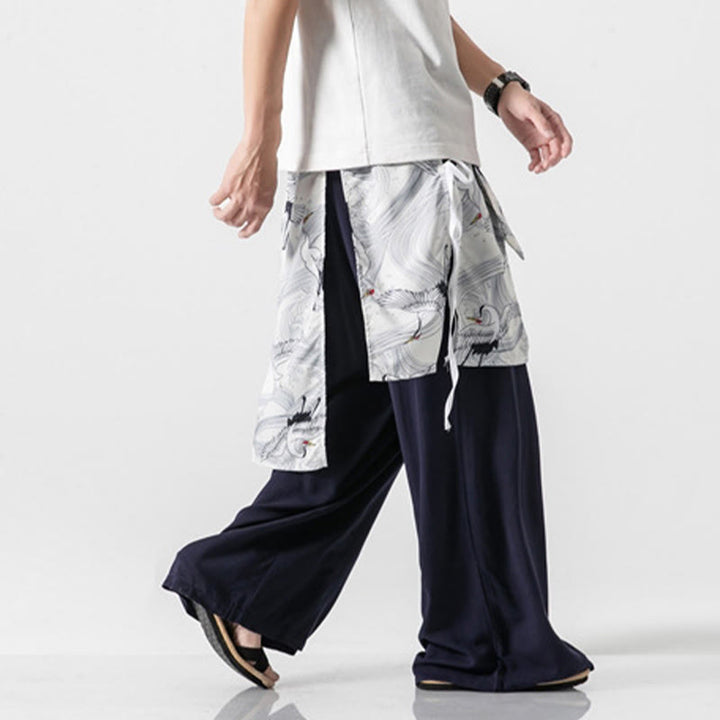 Buddha Stones Pantalones anchos de algodón con diseño de grúa voladora de verano para hombre con bolsillos - image 5