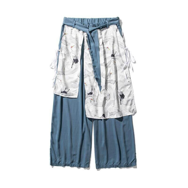 Buddha Stones Pantalones anchos de algodón con diseño de grúa voladora de verano para hombre con bolsillos - image 22