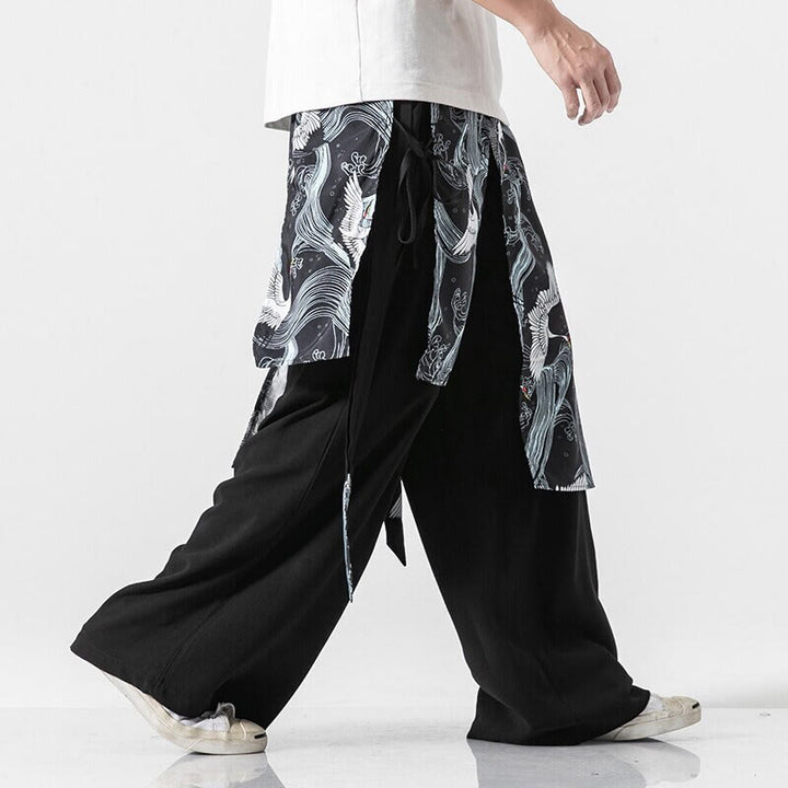 Buddha Stones Pantalones anchos de algodón con diseño de grúa voladora de verano para hombre con bolsillos - image 24