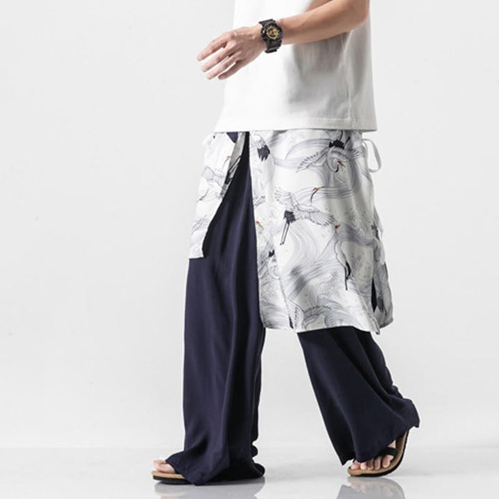 Buddha Stones Pantalones anchos de algodón con diseño de grúa voladora de verano para hombre con bolsillos - image 2