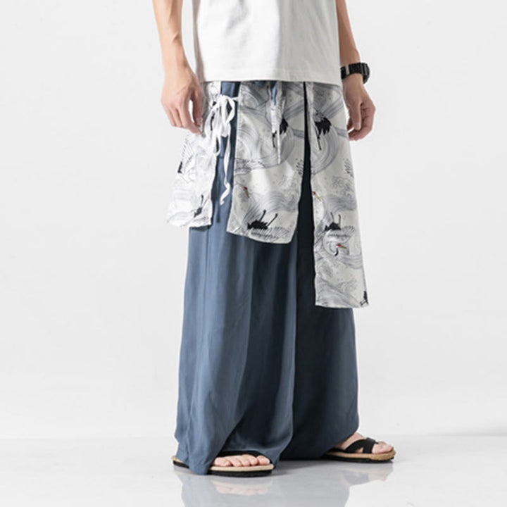 Buddha Stones Pantalones anchos de algodón con diseño de grúa voladora de verano para hombre con bolsillos - image 12