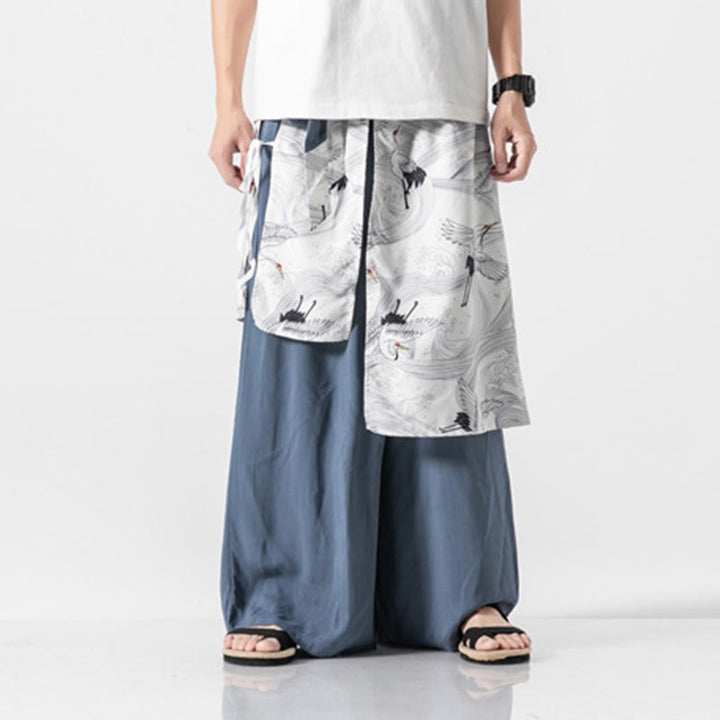 Buddha Stones Pantalones anchos de algodón con diseño de grúa voladora de verano para hombre con bolsillos - image 14