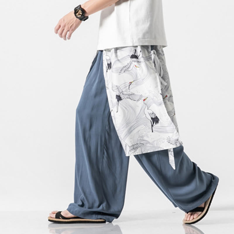 Buddha Stones Pantalones anchos de algodón con diseño de grúa voladora de verano para hombre con bolsillos - image 13