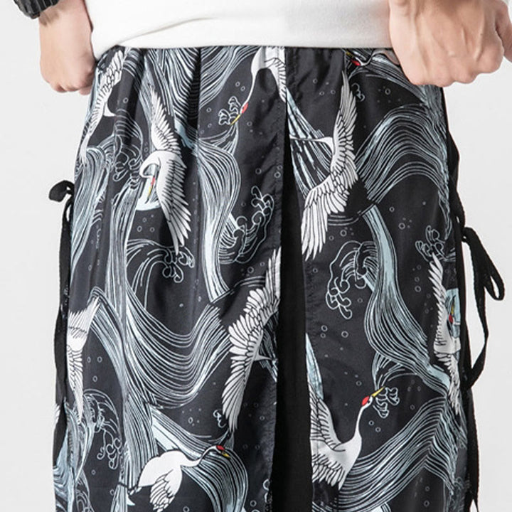 Buddha Stones Pantalones anchos de algodón con diseño de grúa voladora de verano para hombre con bolsillos - image 36