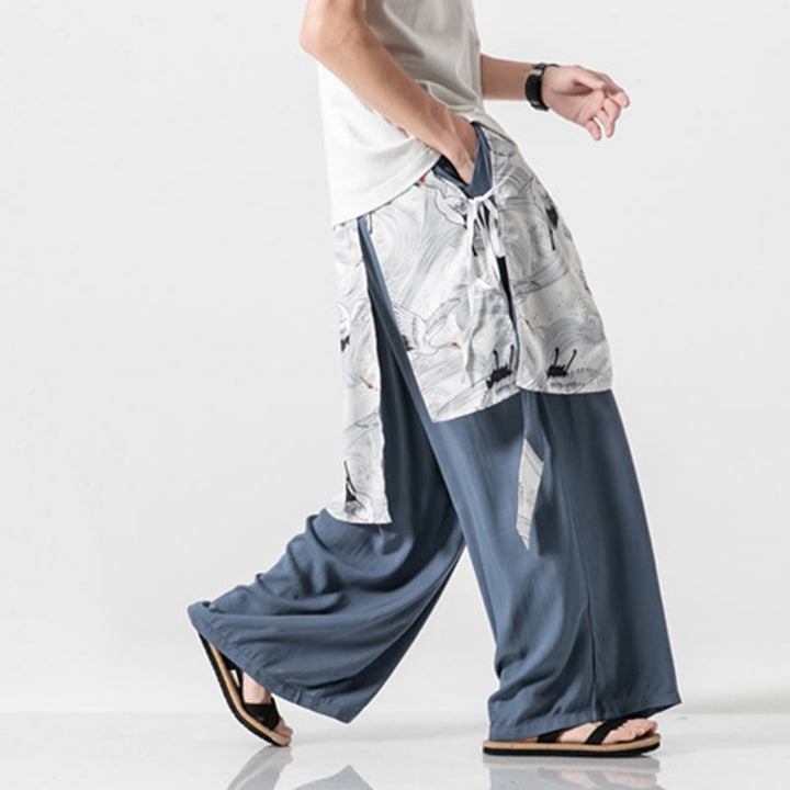 Buddha Stones Pantalones anchos de algodón con diseño de grúa voladora de verano para hombre con bolsillos - image 16