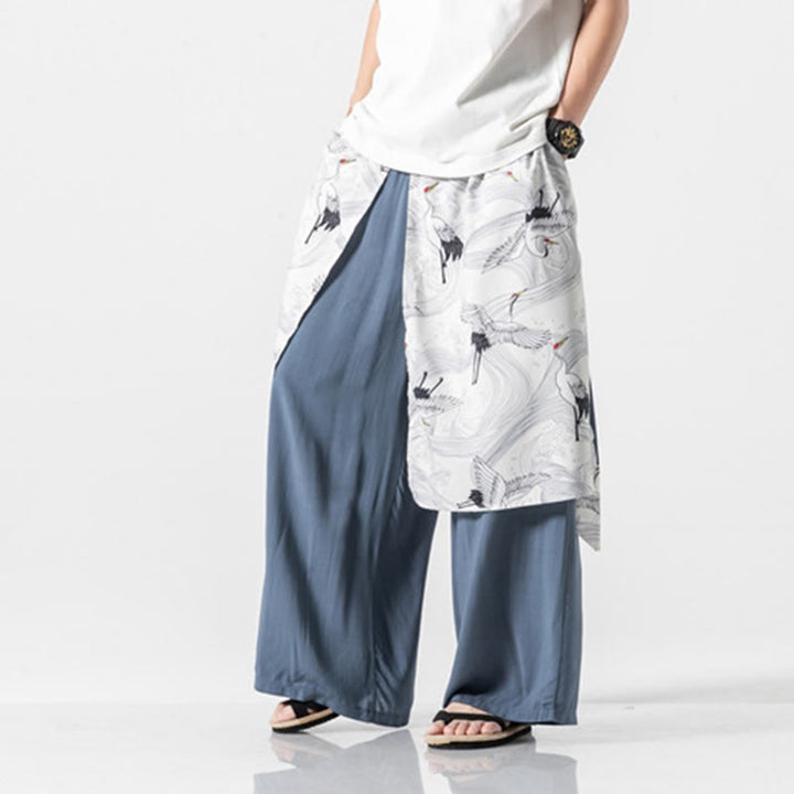 Buddha Stones Pantalones anchos de algodón con diseño de grúa voladora de verano para hombre con bolsillos - image 21