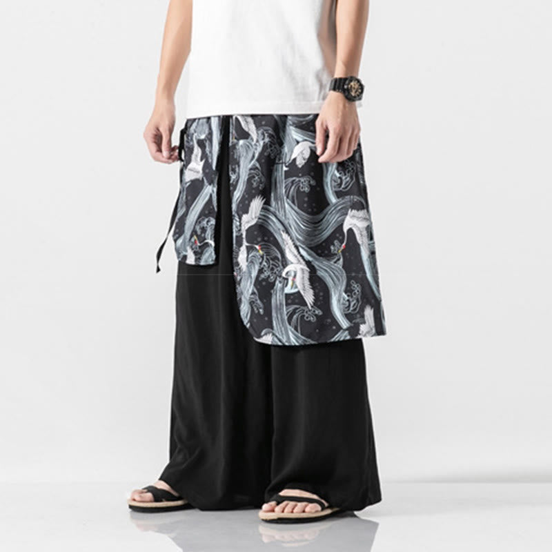Buddha Stones Pantalones anchos de algodón con diseño de grúa voladora de verano para hombre con bolsillos - image 25