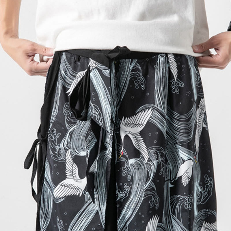 Buddha Stones Pantalones anchos de algodón con diseño de grúa voladora de verano para hombre con bolsillos - image 34