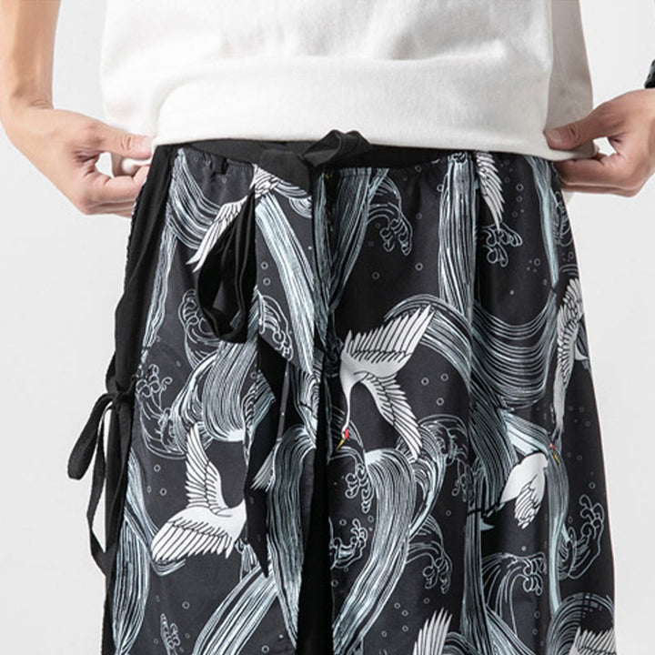 Buddha Stones Pantalones anchos de algodón con diseño de grúa voladora de verano para hombre con bolsillos - image 34