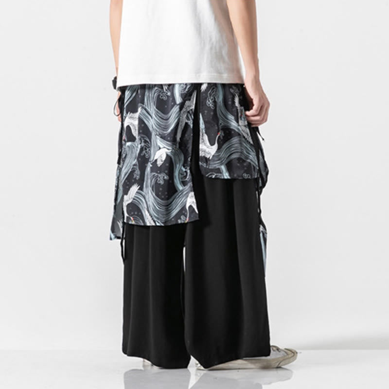 Buddha Stones Pantalones anchos de algodón con diseño de grúa voladora de verano para hombre con bolsillos - image 27