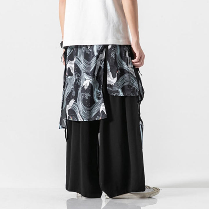Buddha Stones Pantalones anchos de algodón con diseño de grúa voladora de verano para hombre con bolsillos - image 27