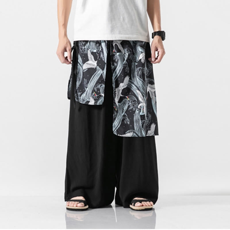 Buddha Stones Pantalones anchos de algodón con diseño de grúa voladora de verano para hombre con bolsillos - image 29