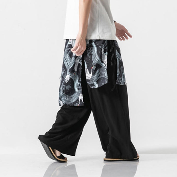 Buddha Stones Pantalones anchos de algodón con diseño de grúa voladora de verano para hombre con bolsillos - image 28