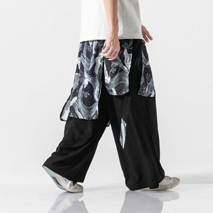 Buddha Stones Pantalones anchos de algodón con diseño de grúa voladora de verano para hombre con bolsillos - image 31