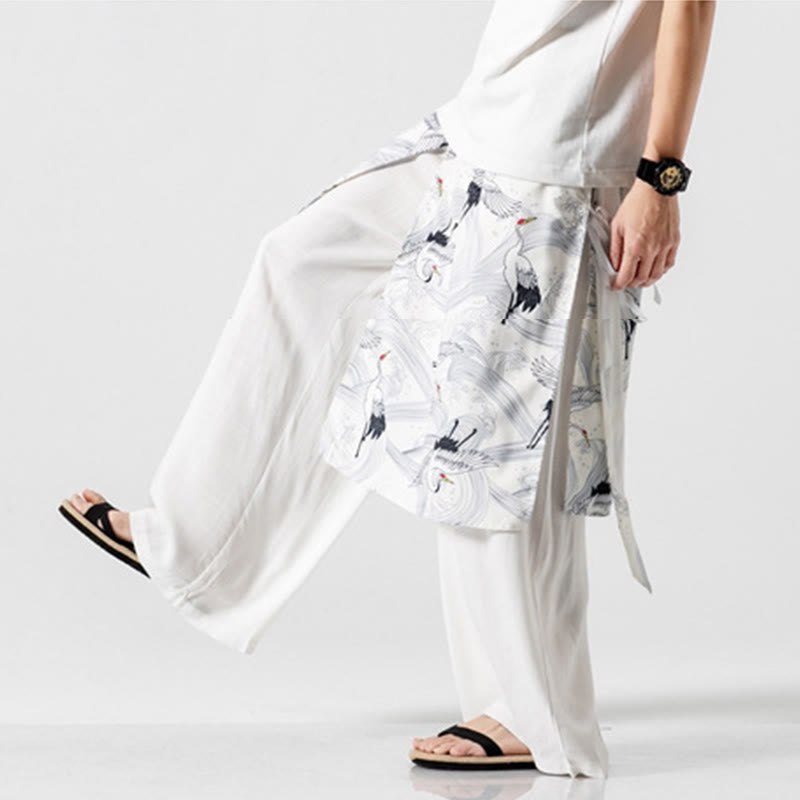 Buddha Stones Pantalones anchos de algodón con diseño de grúa voladora de verano para hombre con bolsillos - image 49