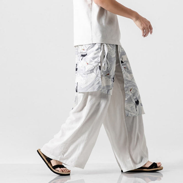 Buddha Stones Pantalones anchos de algodón con diseño de grúa voladora de verano para hombre con bolsillos - image 46