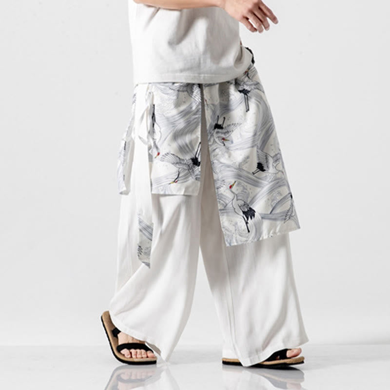 Buddha Stones Pantalones anchos de algodón con diseño de grúa voladora de verano para hombre con bolsillos - image 39