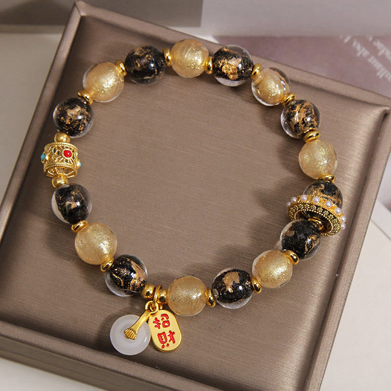 Buddha Stones Pulsera de bendición con hebilla de paz y cuentas de vidrio Liuli de oro negro que atrae la riqueza - image 2