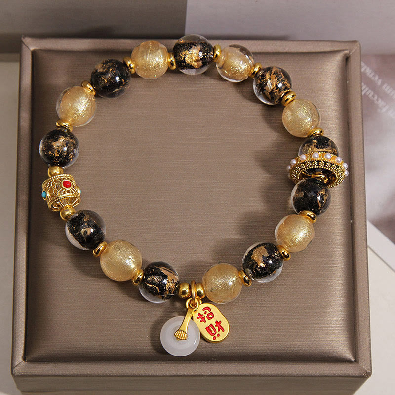 Buddha Stones Pulsera de bendición con hebilla de paz y cuentas de vidrio Liuli de oro negro que atrae la riqueza - image 4