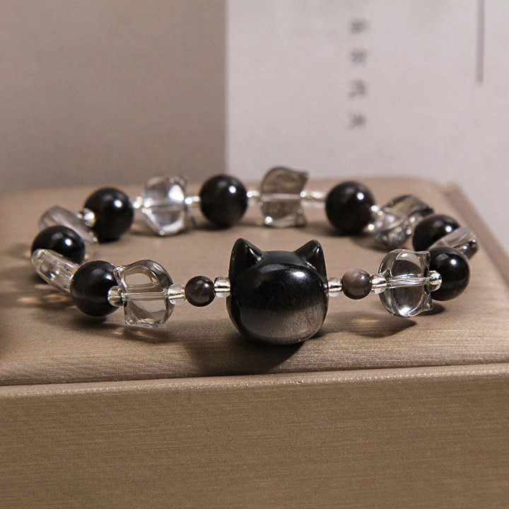 Buddha Stones Pulsera de fuerza purificadora con cabeza de gato de obsidiana negra - image 5