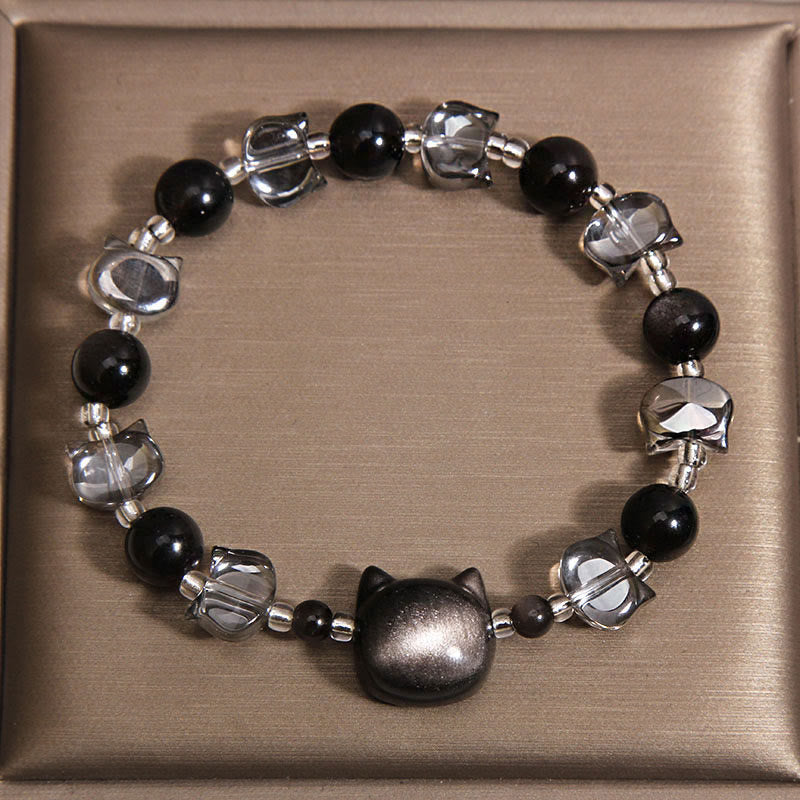 Buddha Stones Pulsera de fuerza purificadora con cabeza de gato de obsidiana negra - image 3