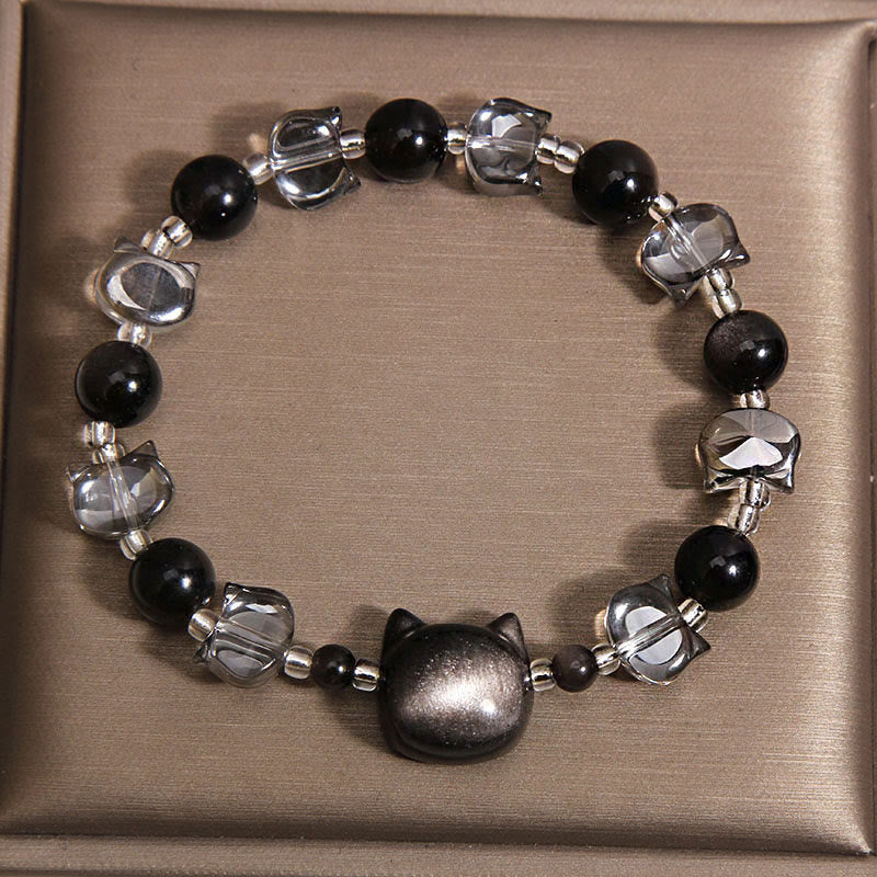 Buddha Stones Pulsera de fuerza purificadora con cabeza de gato de obsidiana negra - image 1