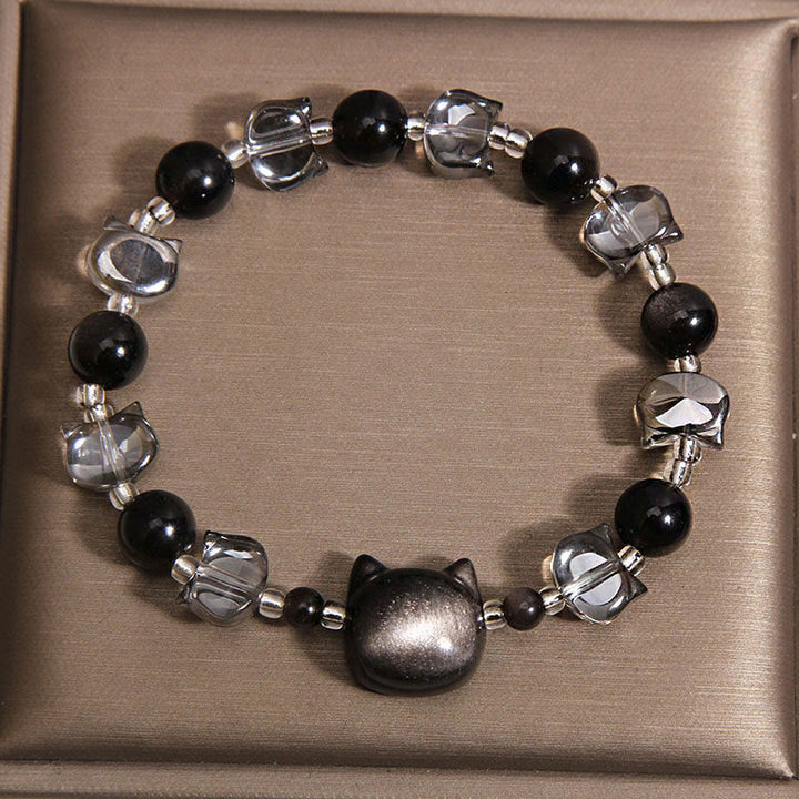 Buddha Stones Pulsera de fuerza purificadora con cabeza de gato de obsidiana negra - image 1