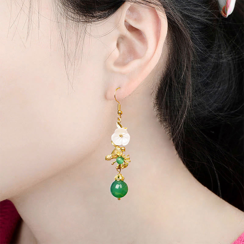 Buddha Stones Pendientes colgantes con cuentas de ágata verde y flor blanca con forma de pájaro - image 5