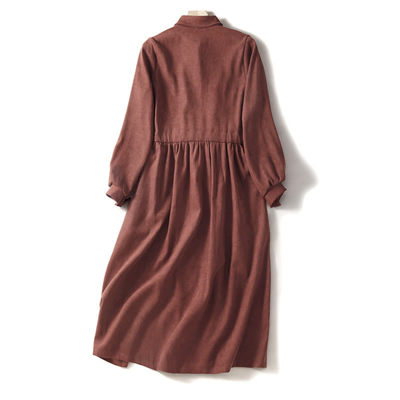 Buddha Stones Vestido midi de manga larga con bolsillos, diseño de botones y cordones en color liso de otoño - image 1