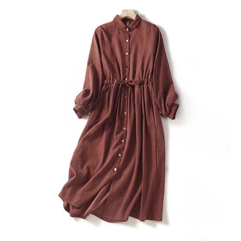 Buddha Stones Vestido midi de manga larga con bolsillos, diseño de botones y cordones en color liso de otoño - Marrón silla de montar - US12, UK/AU16, EU44 (2XL) - image 0