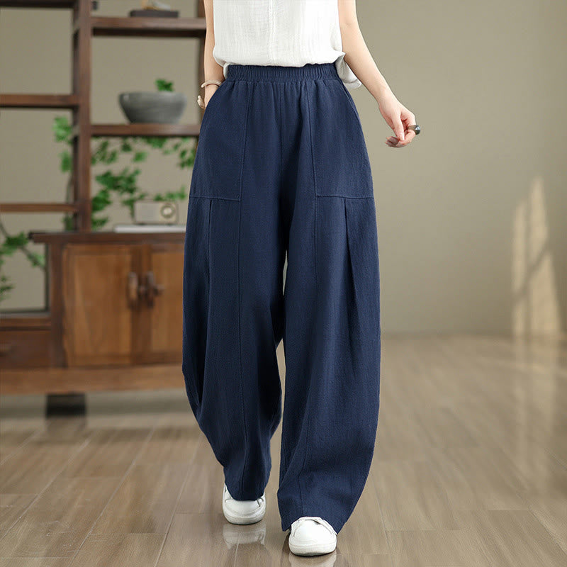 Buddha Stones Pantalones rectos de lino y algodón de color liso para mujer con bolsillos - Azul acero - US8-10，UK/AU12-14，EU40-42 (2XL) - image 15