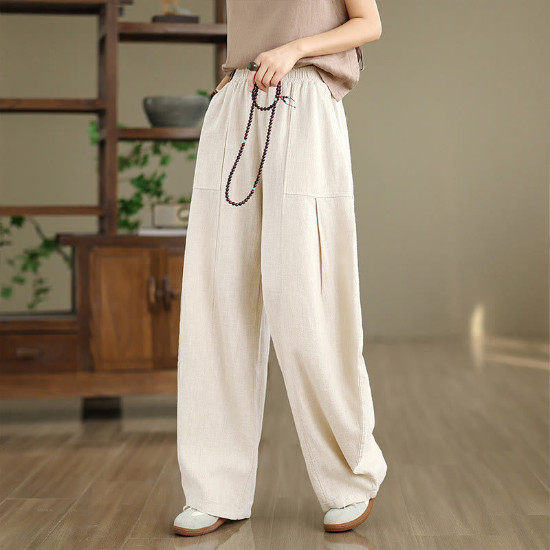 Buddha Stones Pantalones rectos de lino y algodón de color liso para mujer con bolsillos - image 1