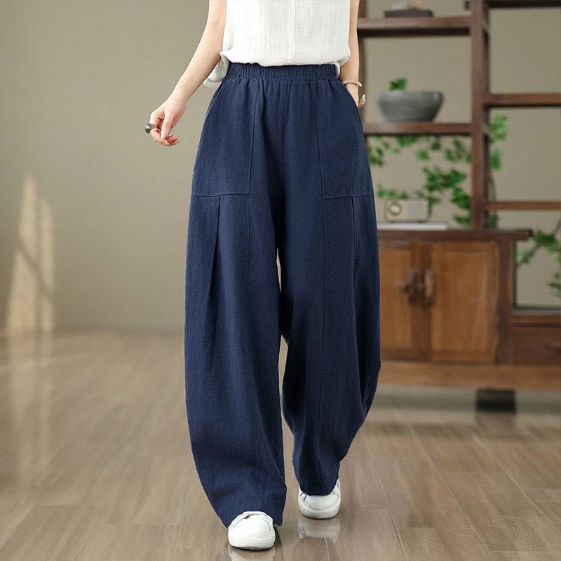 Buddha Stones Pantalones rectos de lino y algodón de color liso para mujer con bolsillos - image 20