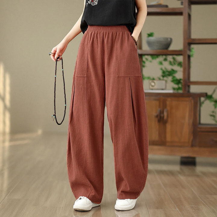 Buddha Stones Pantalones rectos de lino y algodón de color liso para mujer con bolsillos - image 9