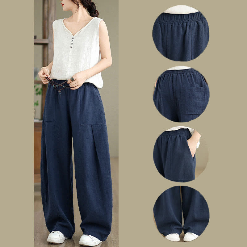 Buddha Stones Pantalones rectos de lino y algodón de color liso para mujer con bolsillos - image 23
