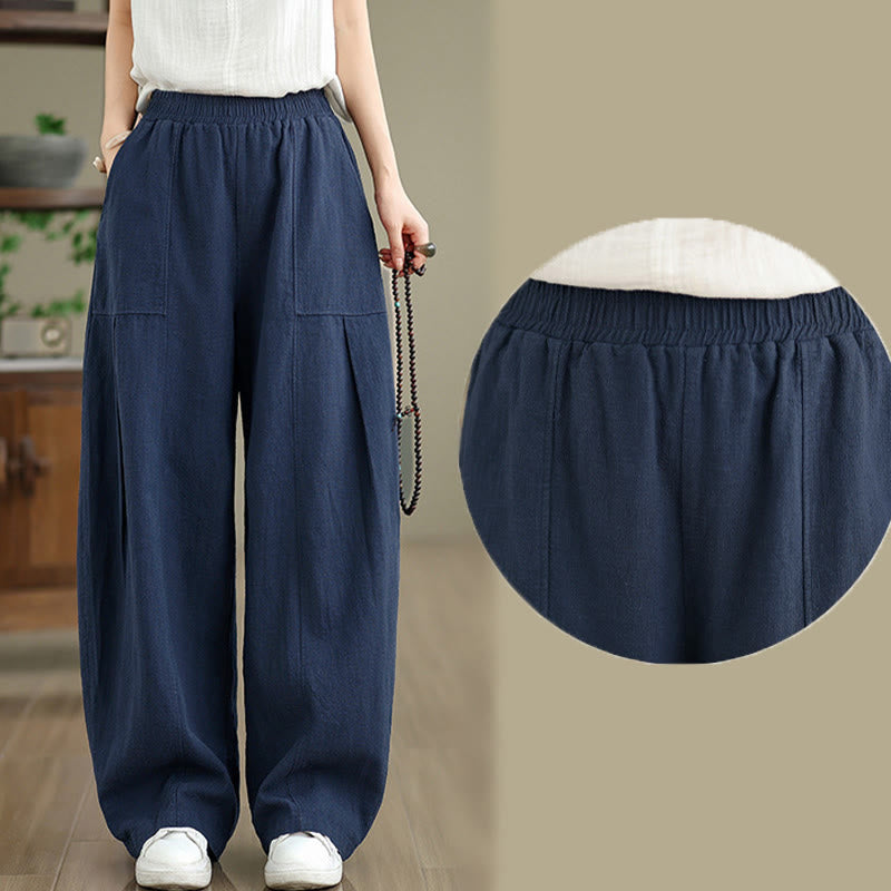 Buddha Stones Pantalones rectos de lino y algodón de color liso para mujer con bolsillos - image 22