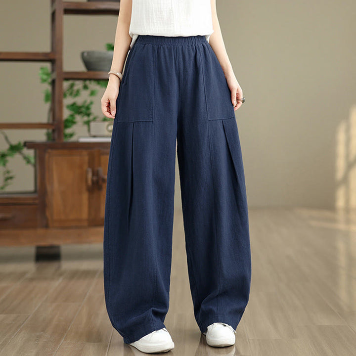 Buddha Stones Pantalones rectos de lino y algodón de color liso para mujer con bolsillos - image 17